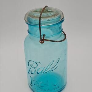 Vintage 1‎ Qt Blue Ball Ideal Mason Glass 1908